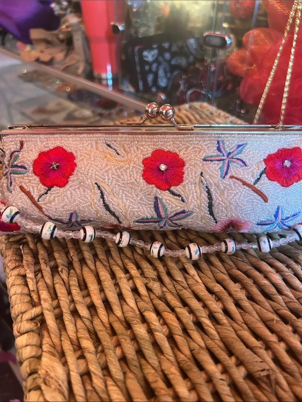 Embroidered Floral Clutch - Red Flowers on Ivory